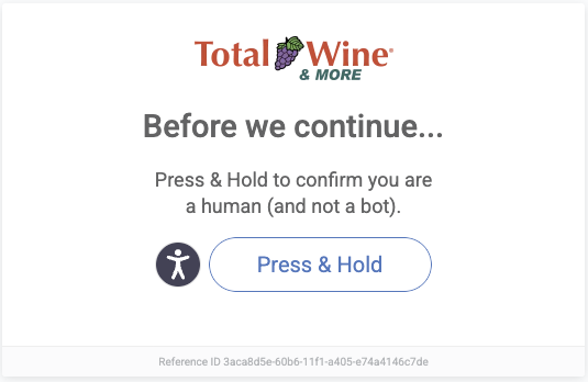 A major US spirits retailer's ML-based human verification challenge page blocking all automated visitors